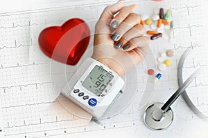 Hypertensive heart disease concept with womanÃ¢â¬â¢s arm measuring blood pressure
